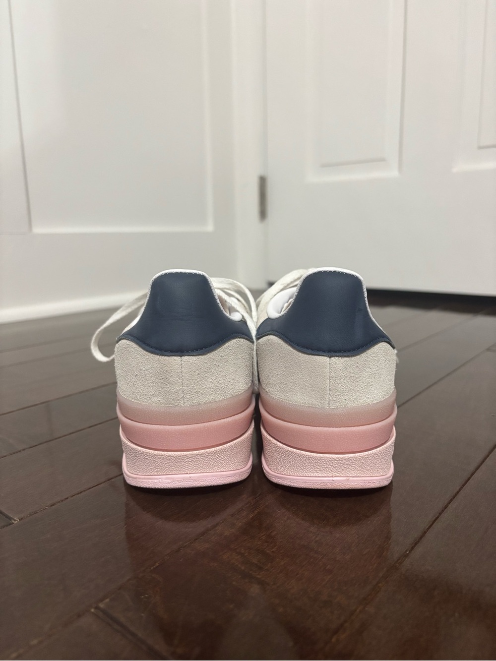 adidas Women’s Cream Suede Sneakers with Navy Stripes & Pink Platform - Picture 4 of 6